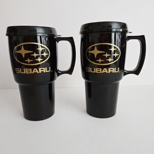 Subaru Car Travel Mugs Handles Plastic Sip Cups Lids Black Gold Collectibles